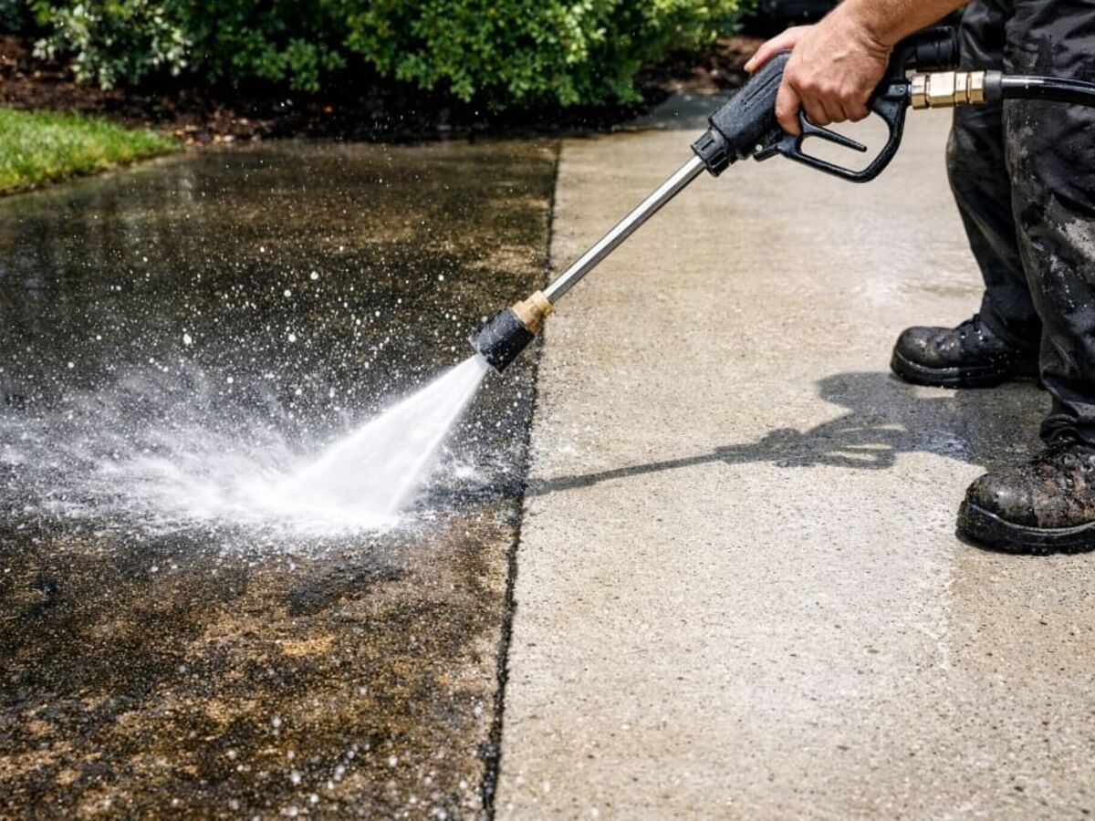 Pressure wand detailing the edge of a concrete walkway