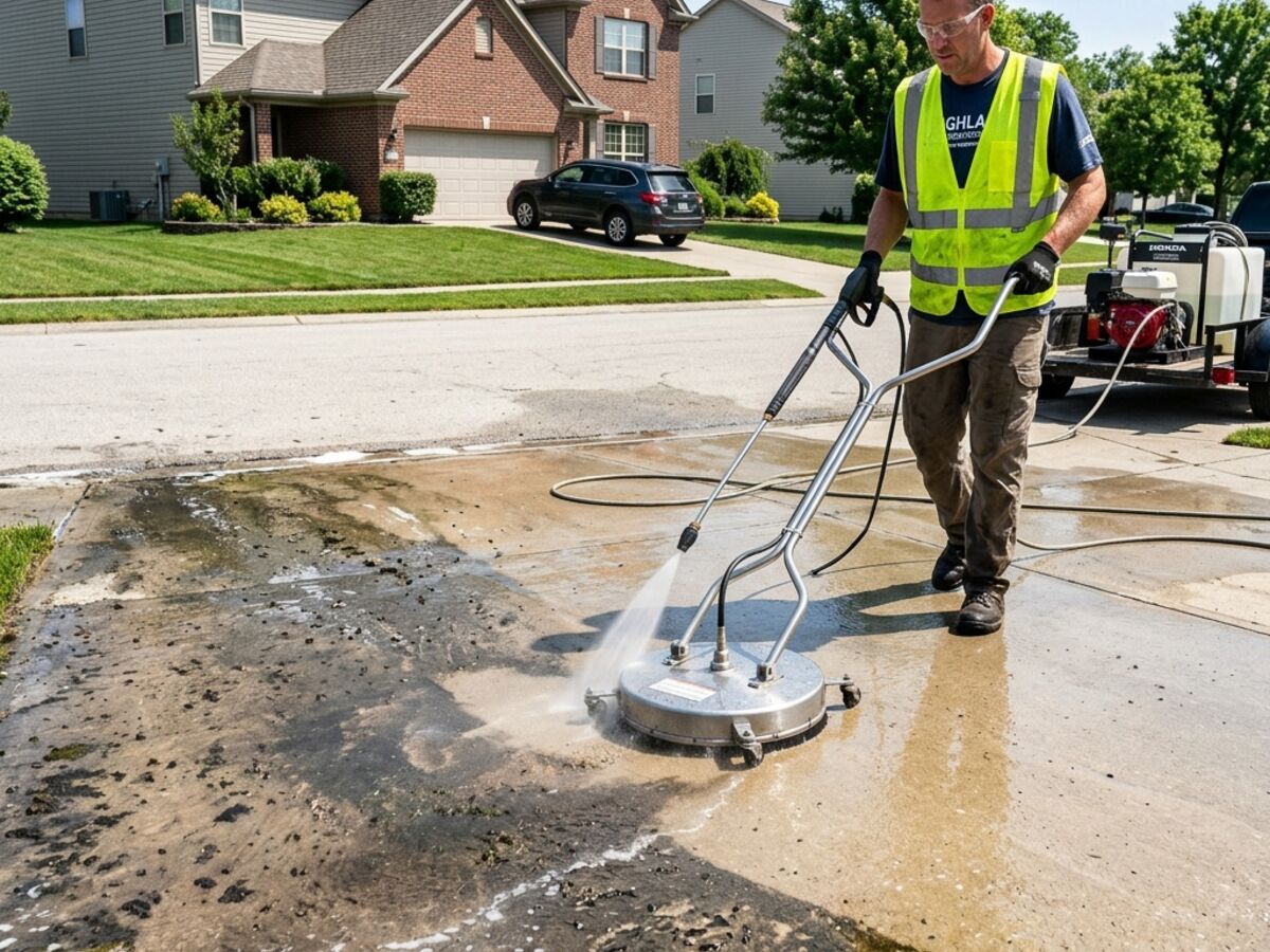 Surface cleaner pressure washing a concrete driveway